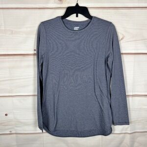 Lands End Top Womens Small Blue Stripe T-Shirt Rounded Hem Long Sleeve Knit
